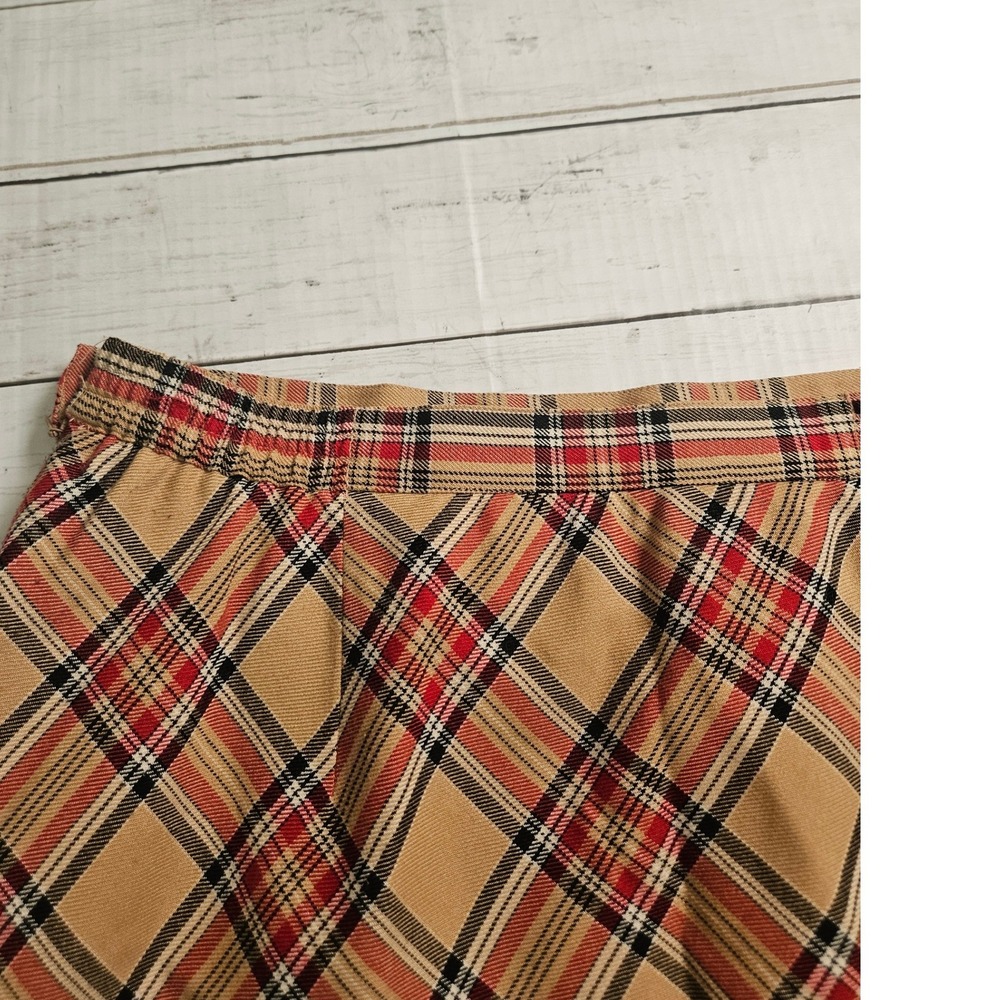 Sag Harbor Plaid Midi Skirt Womens 16 Tan Red Black Bias Cut Lined Elastic Waist - Picture 6 of 9